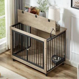Furniture Style Dog Crate Side Table With Rotatable Feeding Bowl, Wheels, Three Doors, Flip-Up Top Opening. Indoor, Grey, 38.58"W x 25.2"D x 27.1